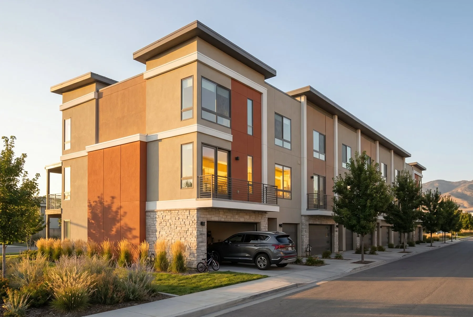 Three-story Arête townhome at golden hour with attached garage open on a quiet residential street
