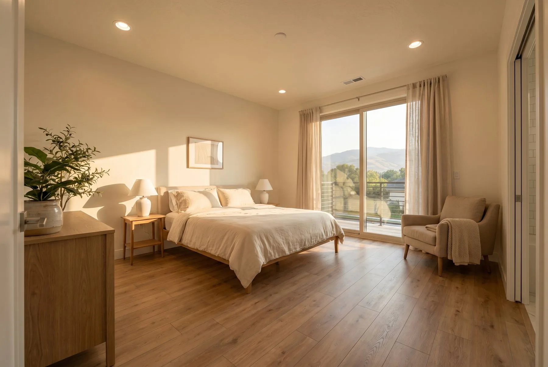 Light-filled primary bedroom at Arête with light-oak floors, cream linen bedding, and a foothill view through sliding doors