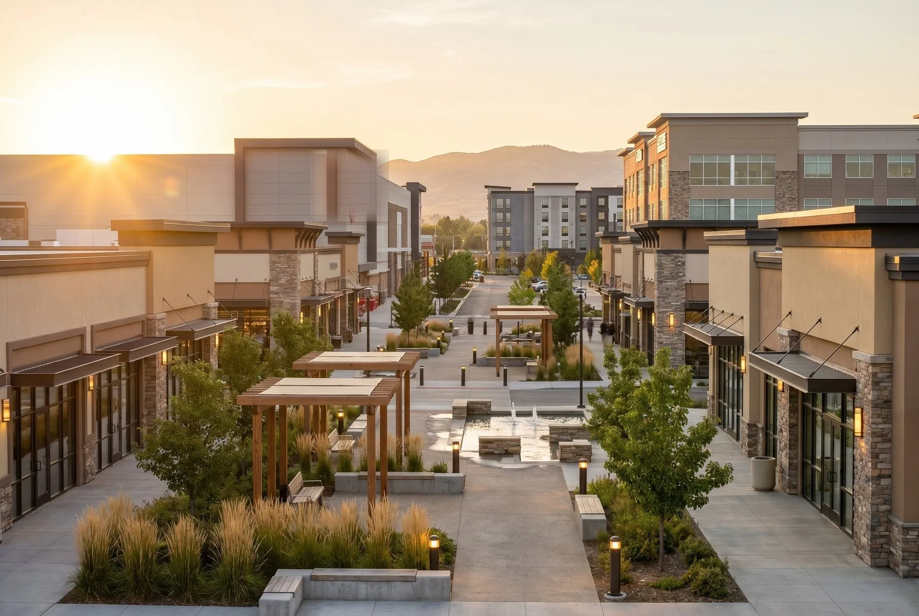 The District at Ten Mile open-air retail and dining district adjacent to Arête Residences at golden hour